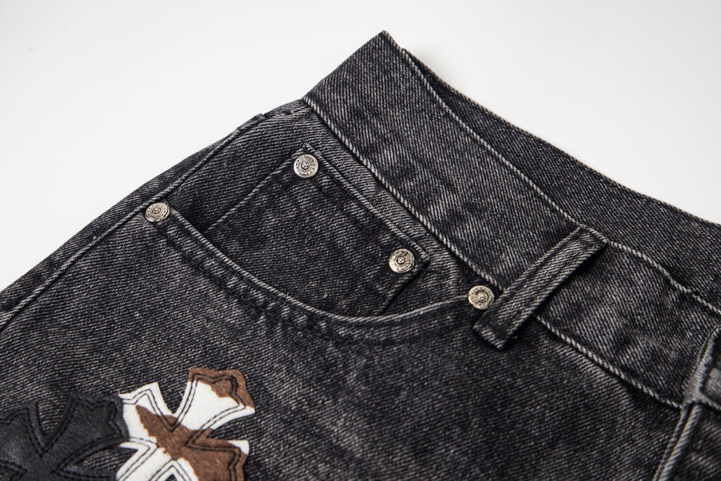Chrome-Hearts Multi Cross Patch Denim Jeans - Grey Gothic Street Pants 1111