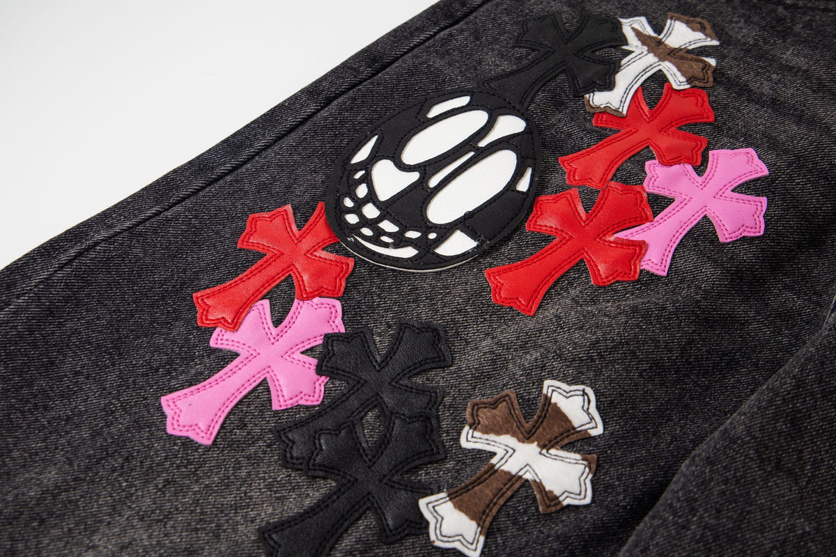 Chrome-Hearts Multi Cross Patch Denim Jeans - Grey Gothic Street Pants 1111