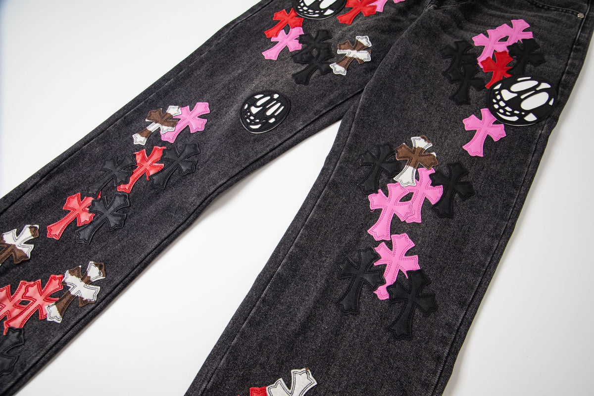 Chrome-Hearts Multi Cross Patch Denim Jeans - Grey Gothic Street Pants 1111