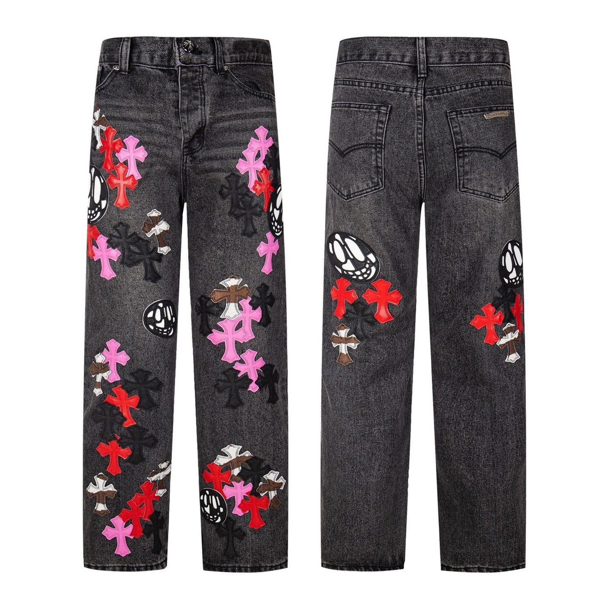 Chrome-Hearts Multi Cross Patch Denim Jeans - Grey Gothic Street Pants 1111