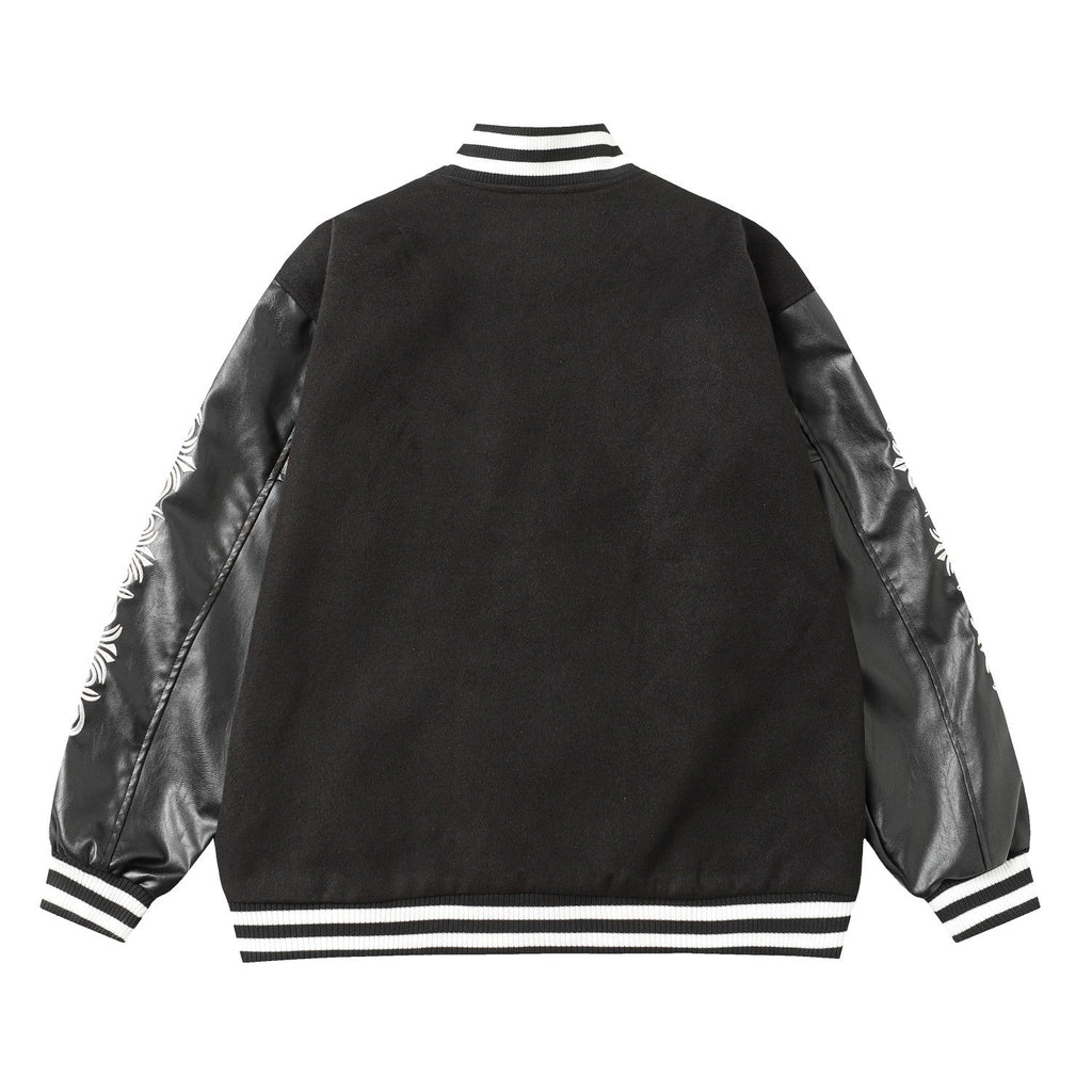 Chrome-Hearts Cross Embroidered Leather Sleeve Varsity Jacket - Black Street Style 116