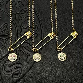 Chrome Hearts gold full diamond smiley face brooch necklace
