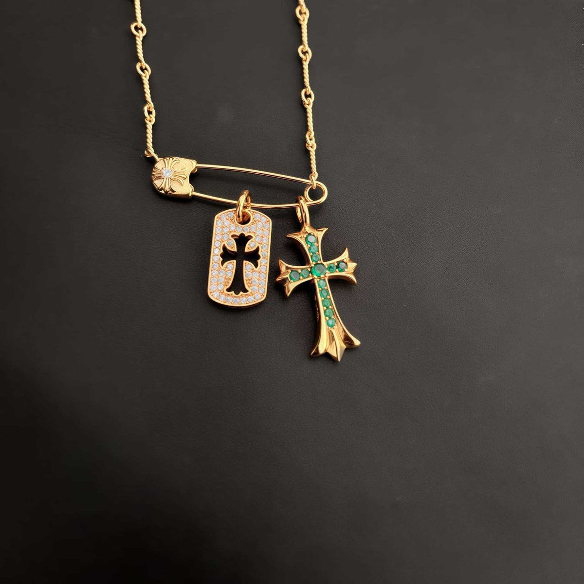 Chrome Hearts brooch full diamond square gold cross necklace