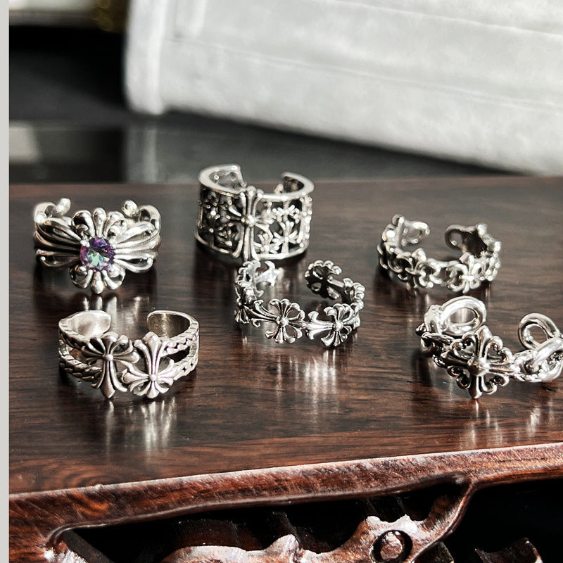 Chrome Hearts distressed iris cross open adjustable ring